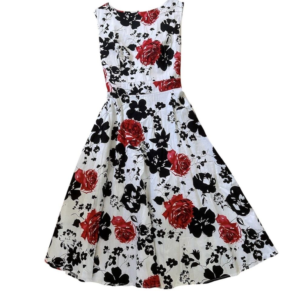 New Light Retro Floral A-Line Midi Dress White Red Black Rose Print Fit Flare XL